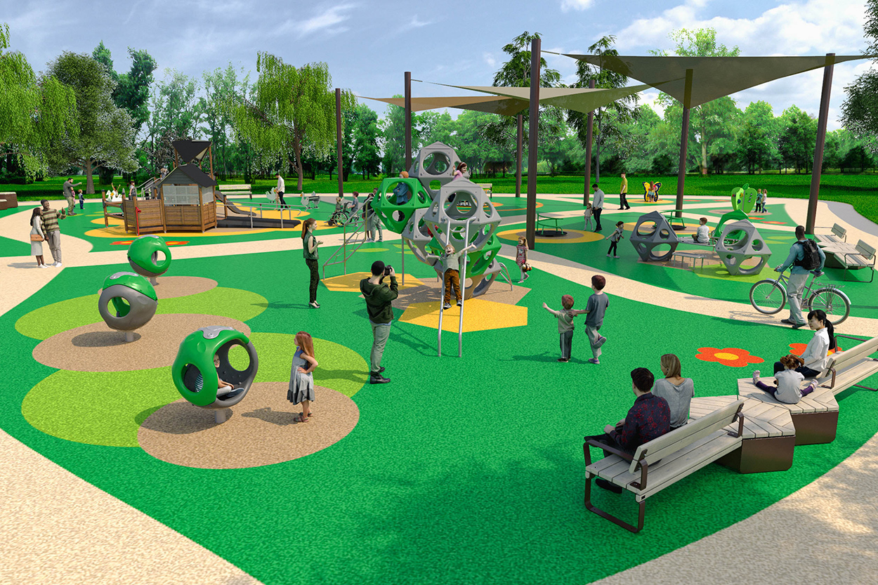 Render custom design of a bright and colorful playground, with shade structures, play areas and seating.